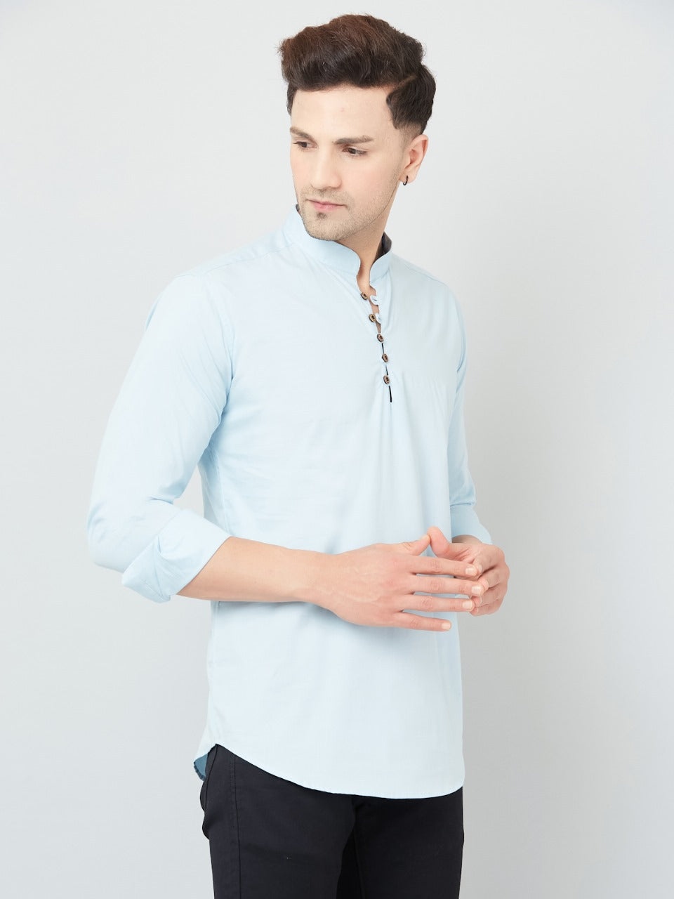 Louis Monarch Men Solid Sky Blue Pure Cotton Straight Short Kurta